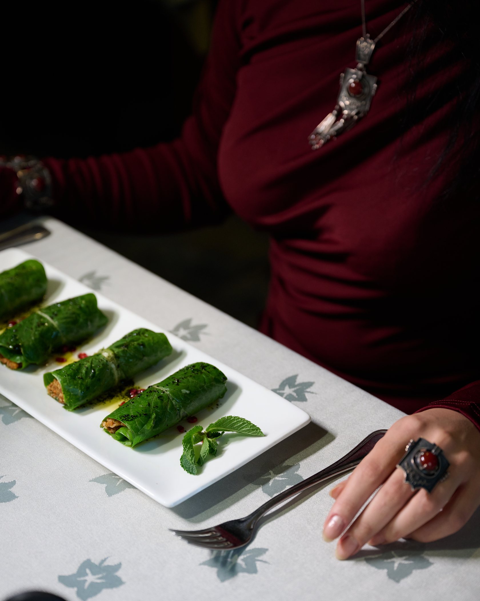Hand and plate detail with neatly rolled grape leaf dolma